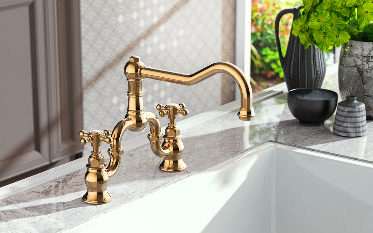 Sinuose linee dal sapore vintage per la rubinetteria da cucina della collezione Adley di GRAFF.