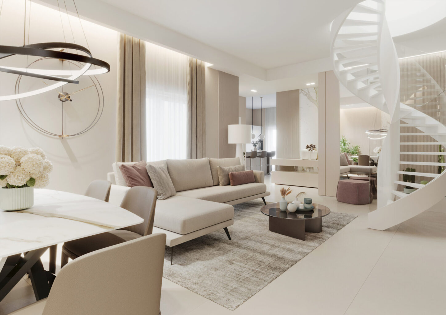 Livingroom con scala ellicoidale